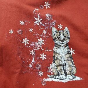 Vintage Jerzees Sweatshirt L Red Cat Kitten Christmas Snowflakes Let It Snow